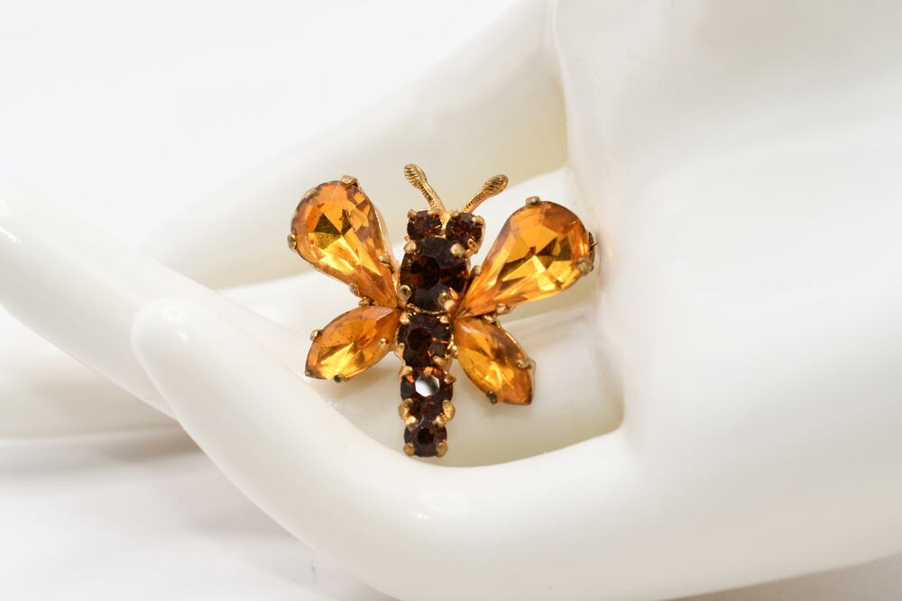 Vintage Topaz Rhinestone Insect Brooch Gold Tone 1 Inch